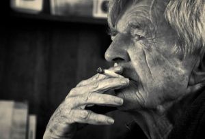 Yer Old Faither Film Image - Black and White. Portrait of John Croall smoking.